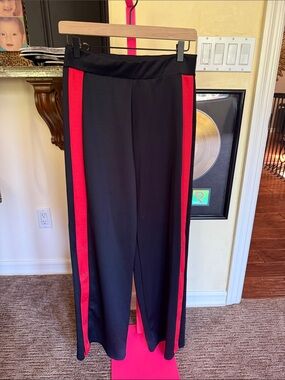 ZARA Black Wide-Leg Pants with Red Side Stripes with snaps size medium NWOT